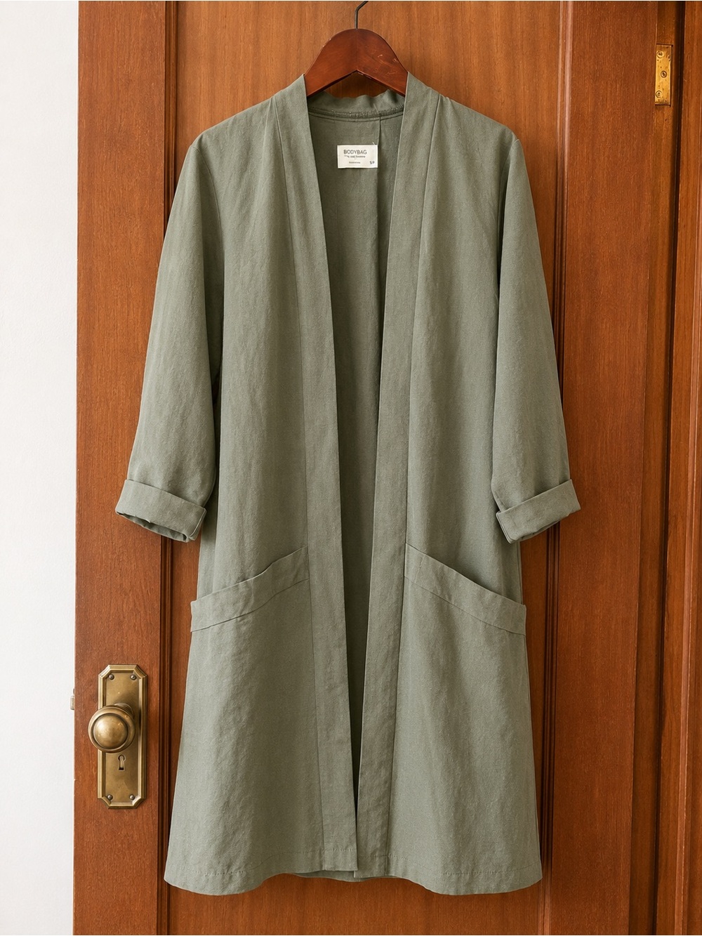 Lightweight Sage Green Open Front Duster Coat with Pockets